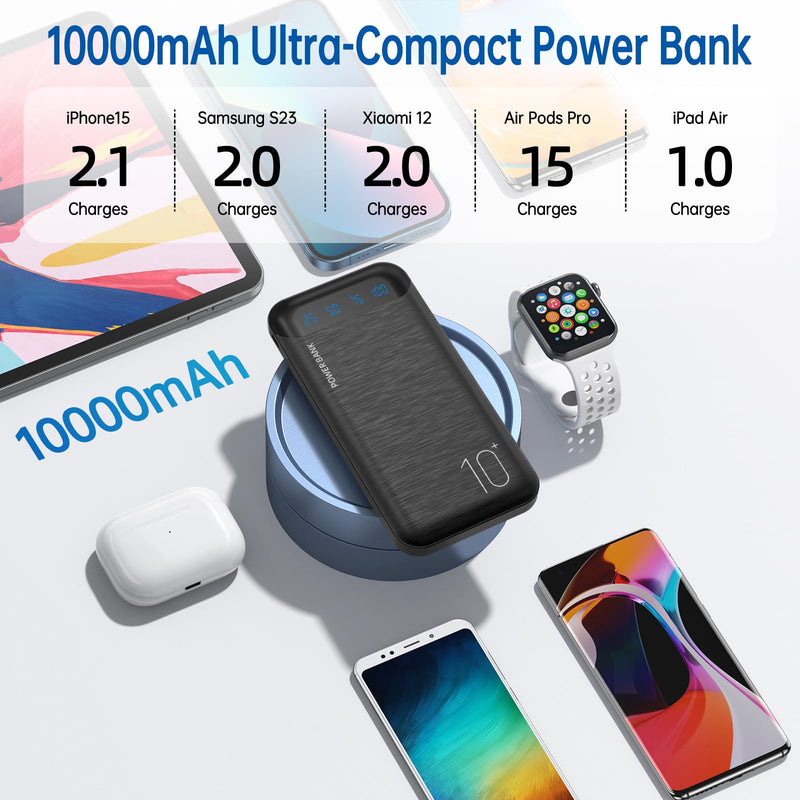Power Bank 10000mAh Portable Charger Slim External Battery Pack with 2 USB 2.4A Outputs and USB C In/Out Compatible with Huawei iPhone 16 15 14 13 12 iPad Samsung Galaxy S20 Android Tablet (Black) Black