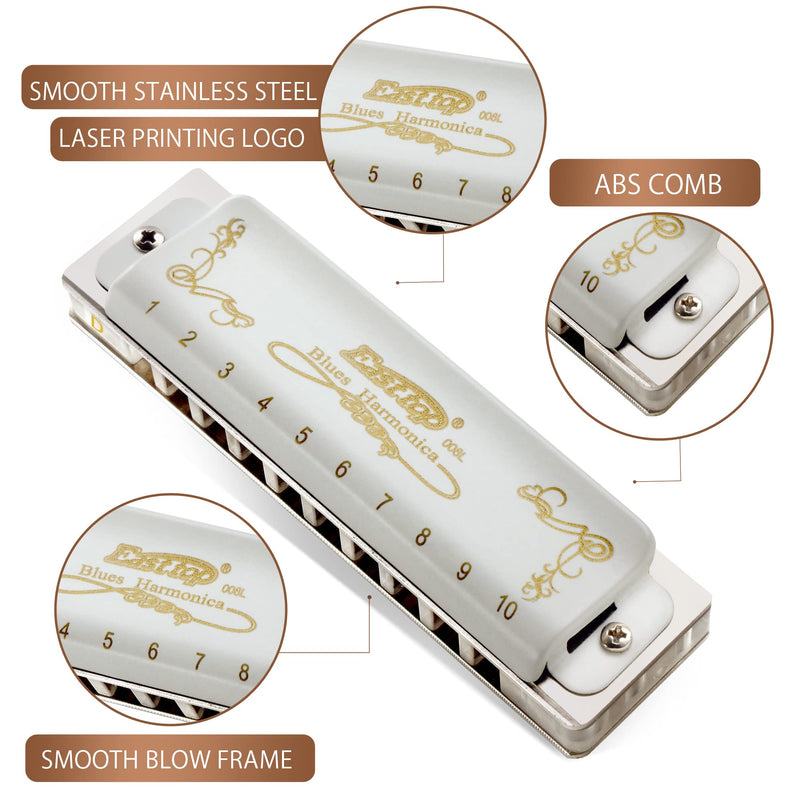 East top Blues Harmonica, 10 Holes 20 Tones Diatonic Blues Mouth Organ Harmonica Key of D with White Cover, T008L Harmonica for Adults, Professionals and Students white-D