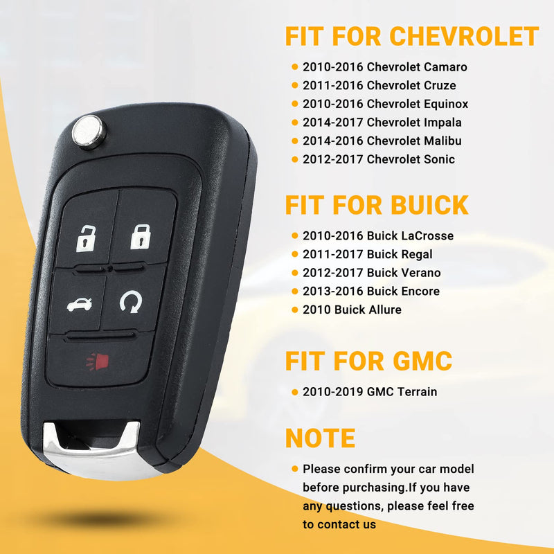 Car Key Fob Keyless Entry Remote Compatible with Chevy Cruze/Camaro/Impala/Equinox/GMC Terrain/Buick Lacrosse 2010 2011 2012 2013 2014 2015 2016 2017 5 Buttons Key for OHT01060512 (2 Packs) 2 Packs