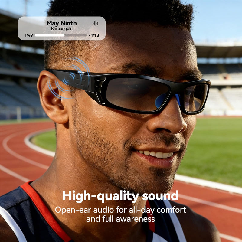 AI Smart Glasses for Women Men with Real-Time Translation, Music & Hands-Free Calling, AI Vioce Assistant, Photochromic Lens with UV & Blue Light Protection – Perfect for Hiking & Cycling Black Standard