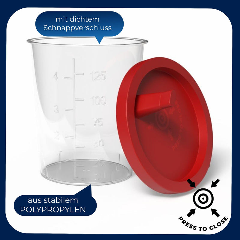 Horn Medical Urine Cup / Sample Cup with Snap Closure 150 ml Capacity, Size Chart up to 125 ml/4 oz, Can Be Written On (25) 25