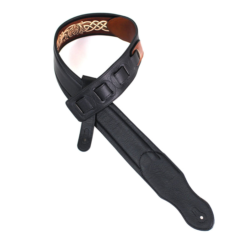 Walker & Williams KB-05-TAN Soft Brown Tan Full Grain Center Block Carving Leather Padded Guitar Strap With Aged White Celtic Chain For Acoustic, Electric, And Bass Guitars