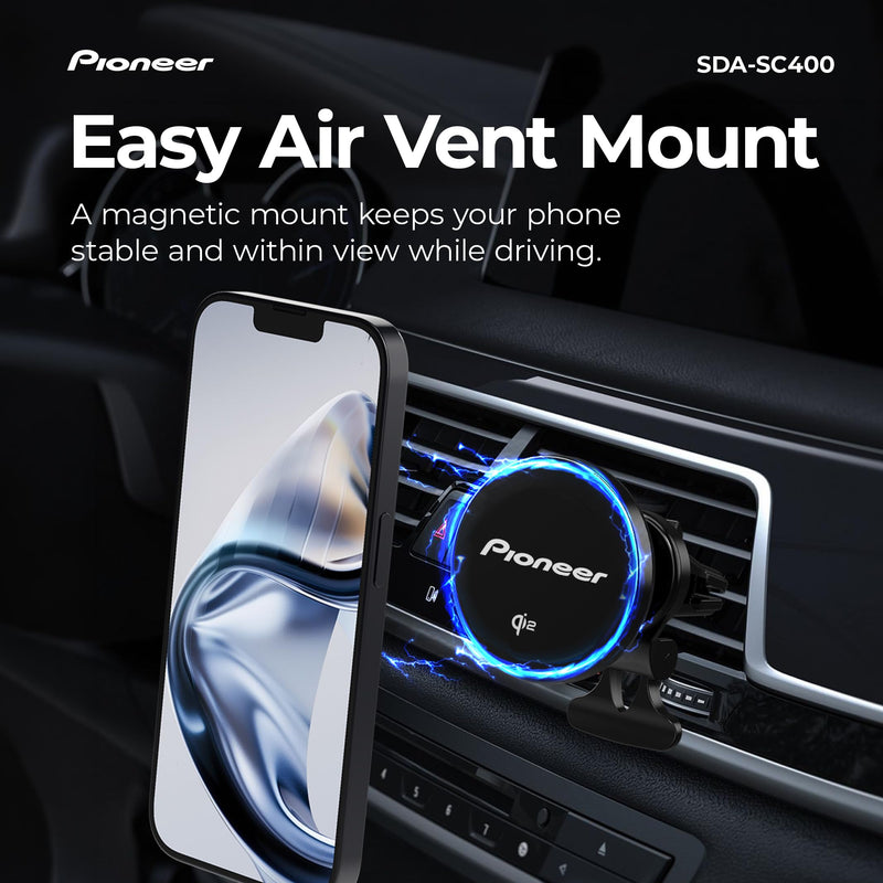 Pioneer Qi2 MagSafe Wireless Car Charger and Phone Mount | MagSafe Compatible, Air Vent Mount, Blue Illumination, Includes Metal Ring MagSafe Wireless Charger
