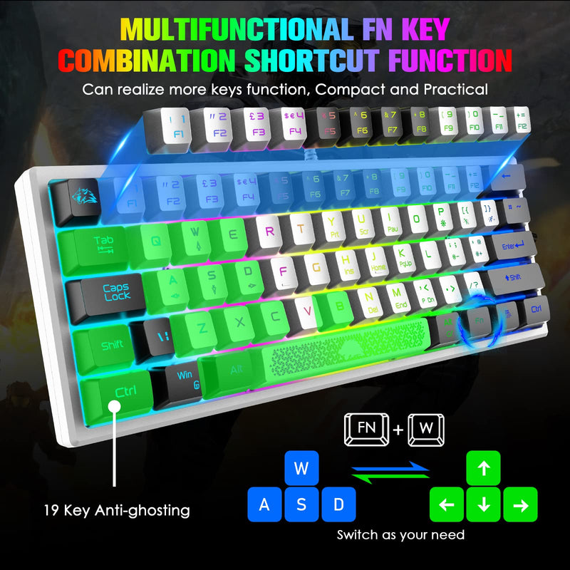 ZIYOU LANG K61 60% Gaming Keyboard Mini Portable with Rainbow RGB Backlit Compact Ergonomic 62Key Layout Anti-ghosting Mechanical Waterproof Wired for PC Mac Windows Gamer Laptop Typists(White+Black) White+Black