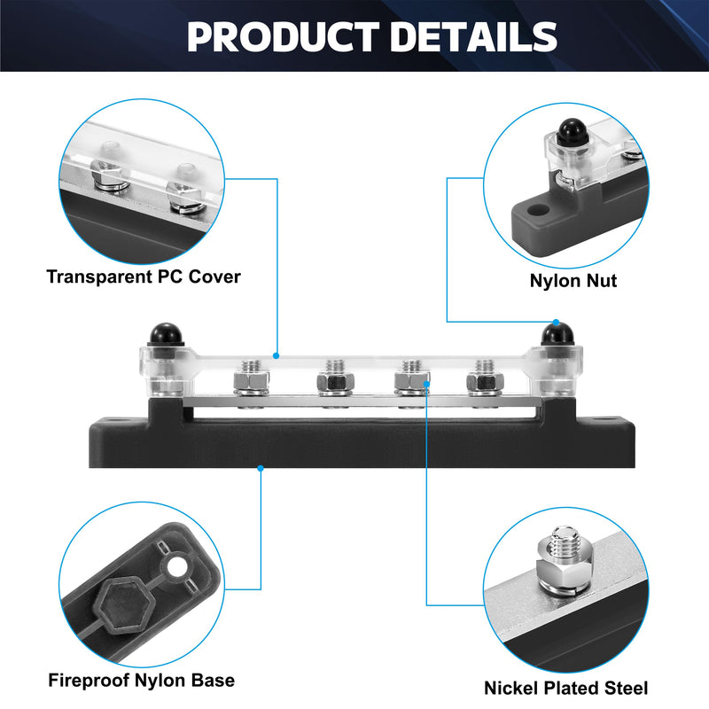 QIMEI-SHOP Busbar 12V-48V DC Busbars Distribution Block Power Distribution Block 150A Busbar with 6 x M6 Connection Bolts for Car RV Boat Black M6 Schwarz