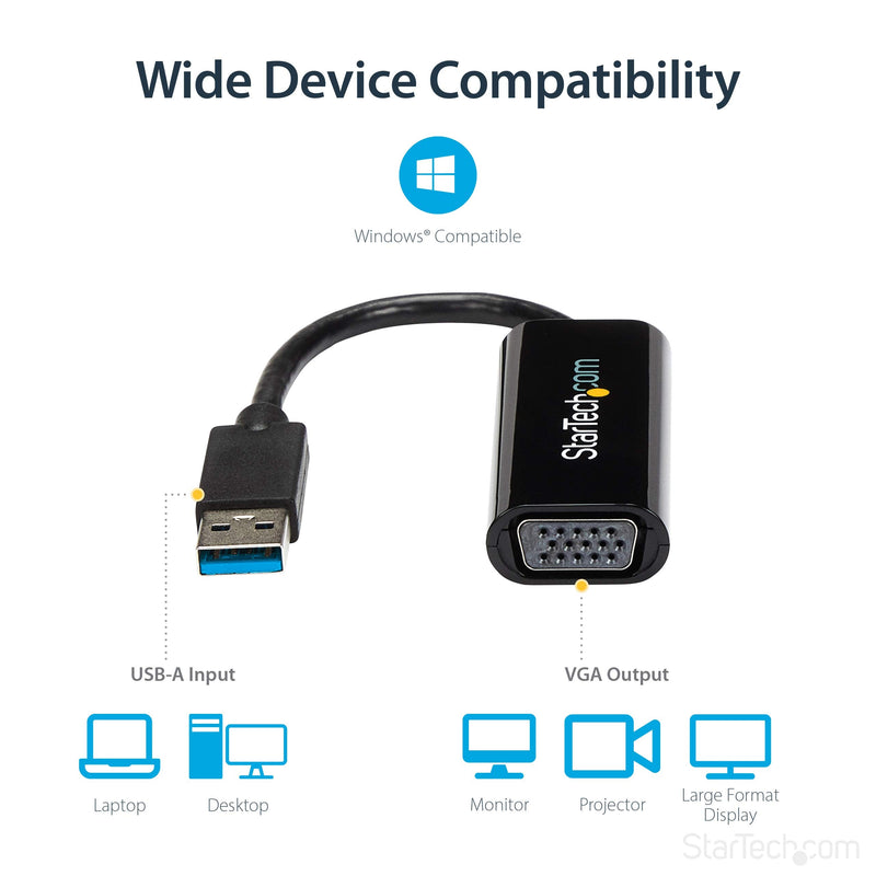 StarTech USB 3.0 to VGA Adapter, Slim, Windows Only, TAA (USB32VGAES) | USB to VGA monitor converter, External video card, Single display, Connect up to five adapters, Windows only, Extra monitor