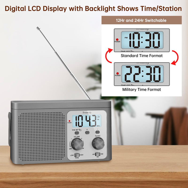DreamSky AM FM Radio Portable - Shortwave Radio Battery Powered or Plug in Wall for Home Outdoor, Strong Reception, Large Dial Easy to Use, Digital Time Display, Transistor Antenna, Seniors Small Gift Grey