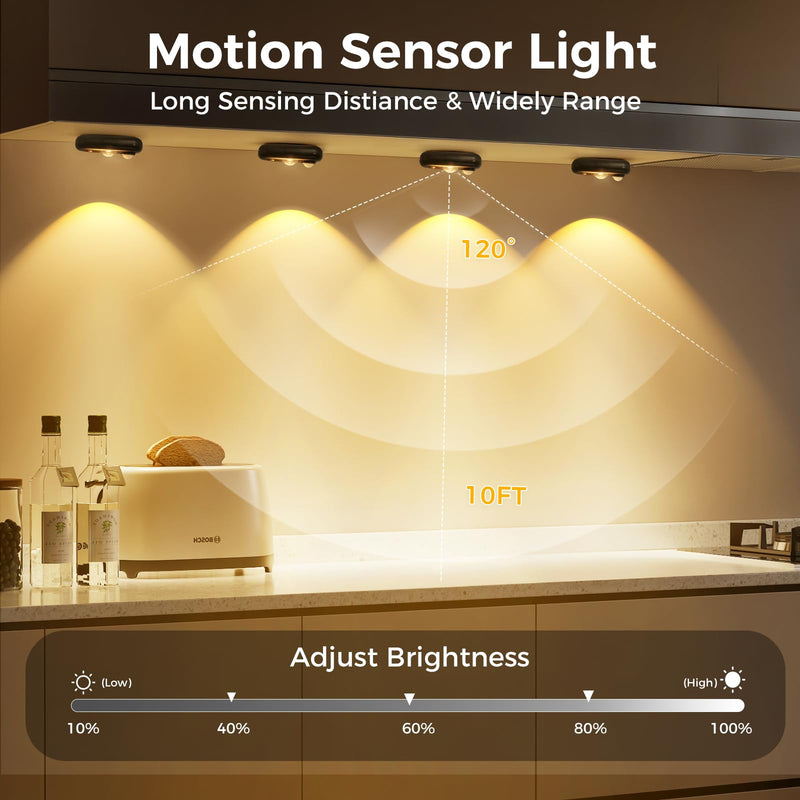 [AUSTRALIA] - LED Motion Sensor Puck Lights, Small Rechargeable Under Cabinet Light, Dimmable Warm White Closet Lights, Wireless Under Cabinet Lighting for Drawer, Kitchen (6 Pack) 6 pack-Black 