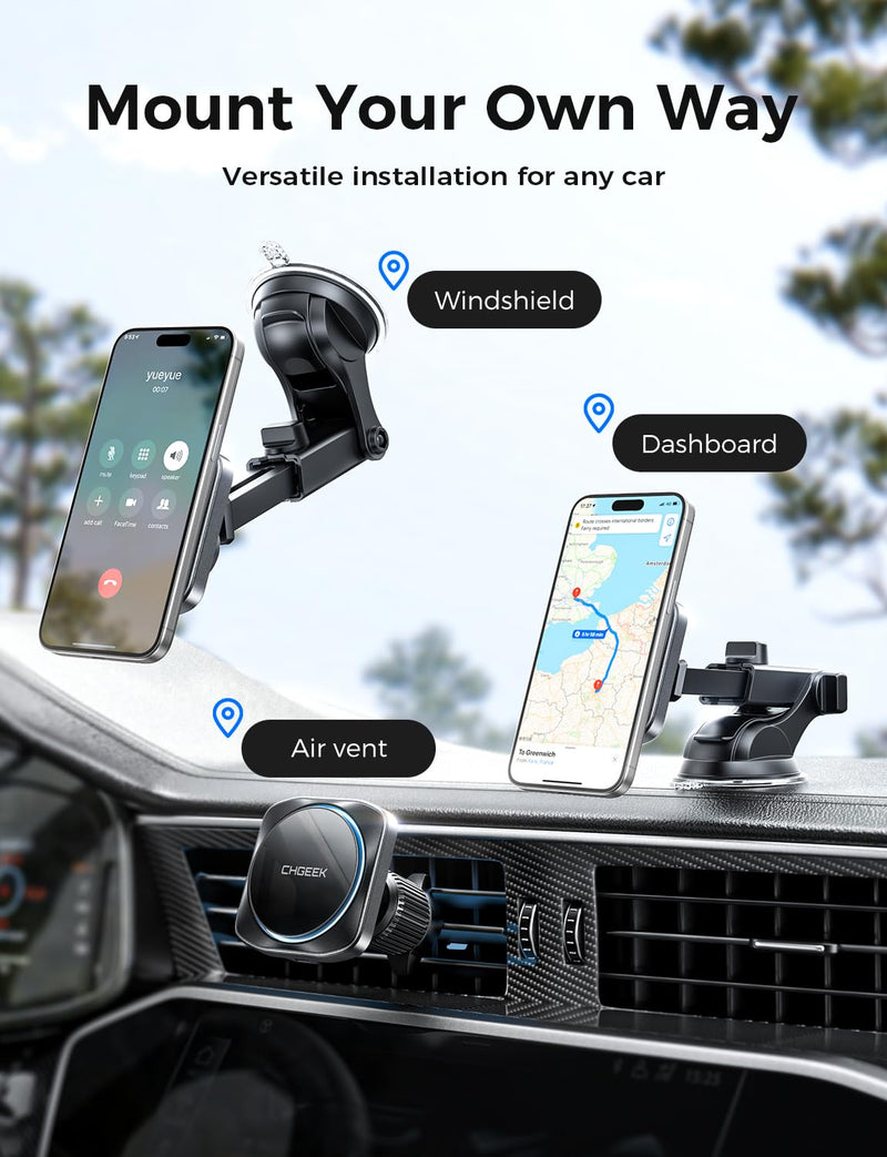 CHGeek for 15W Magsafe Car Mount Charger, Wireless Car Charger Magnetic Car Phone Holder Mount Fit iPhone 16 15 14 13 12 Magsafe Case, Vent/Windshield/Dash Phone Mount Holder Fast Cooling Charger Upgraded Car Mount Charger-Black