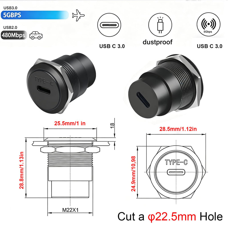 USB C Panel Mount Connector, USB Type C 3.0 Female to Female Threaded Fixed Mount Adapter, 5Gbps & 5V/1A Embedded Mount Coupler for Mobile,Tablet
