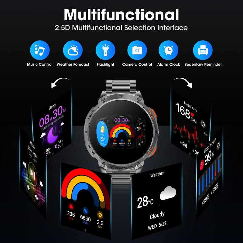 Military Smart Watch for Men 1.85" HD Touch Screen 730mAh Battery Smart Watches with LED Flashlight for Android iOS （Bluetooth Call Answer/Dial Calls） Fitness Tracker with Heart Rate Blood Obsidian Black