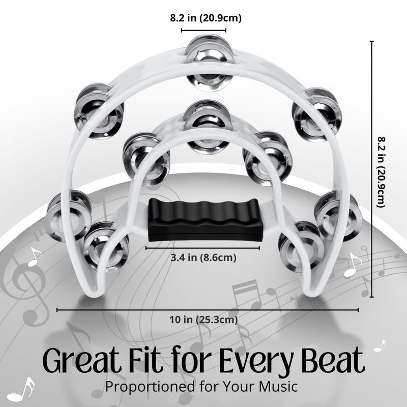 [AUSTRALIA] - Flexzion Tambourine Metal Half Moon Musical Instruments Double Row Metal Jingles Hand Held Instruments Percussion with Ergonomic Handle Grip, Tambourines for Adults, 2 Packs - White 