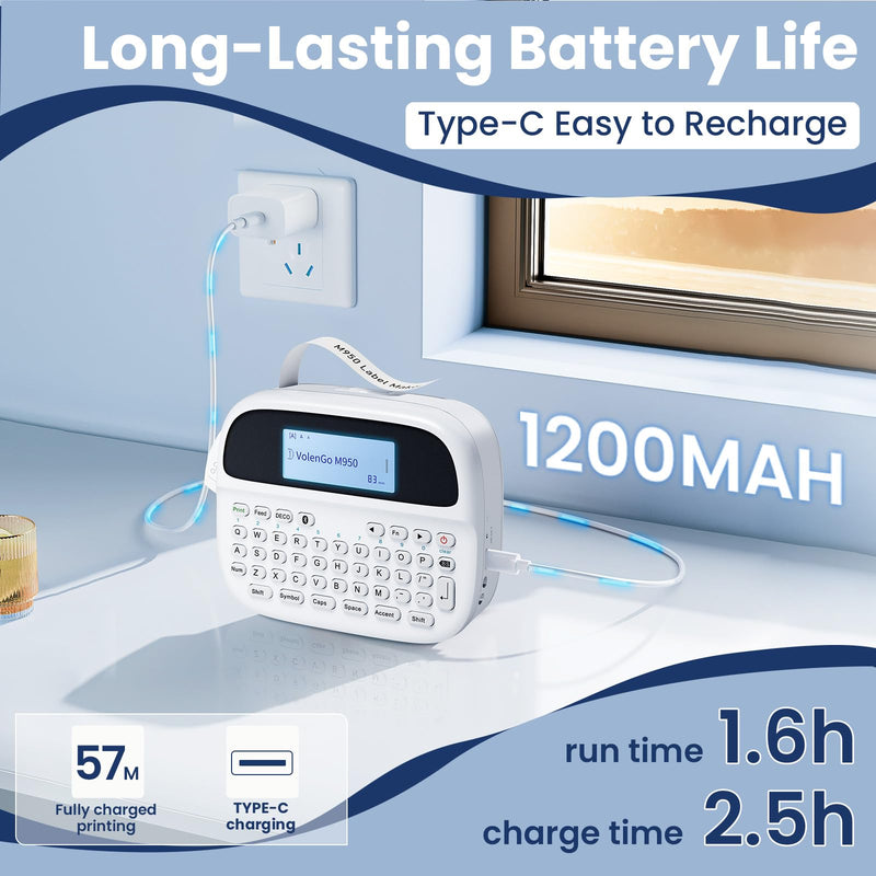 [AUSTRALIA] - M950 Label Maker, Label Maker Machine with-Tape 12mm White, Portable Bluetooth Labeler with Backlit-LCD, Handheld Rechargeable Label Makers, Inkless Labeling Maker for School Office Organization 