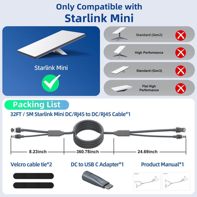 for Starlink Mini Ethernet Cable with Power Cord, 3 in 1 ( 32.8FT / 10M ) | RJ45 to RJ45 / DC to DC/DC to C, Replacement Waterproof Extension for Starlink Mini Cable Accessories 10.0 Meters
