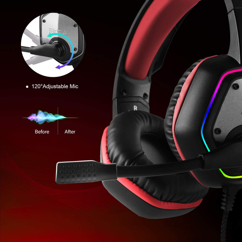 EKSA E1000 Gaming Headset, Computer Headphones with Noise Canceling Mic & RGB Light, 7.1 Surround Sound, Compatible with PC, PS4 PS5 Console, Laptop (Red) Red