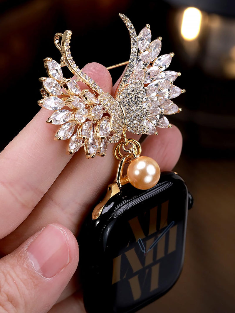 Exquisite Pin-On Brooch Clip Bag Charm Watch Bands Strap for Apple Watch123456789se10s11 Ultra 49mm Fob Clip 46/45/44/42/41/40/38Chain Nurse Metal Alloy Butterfly(Goldr) 41/40/38/42mm(series10)