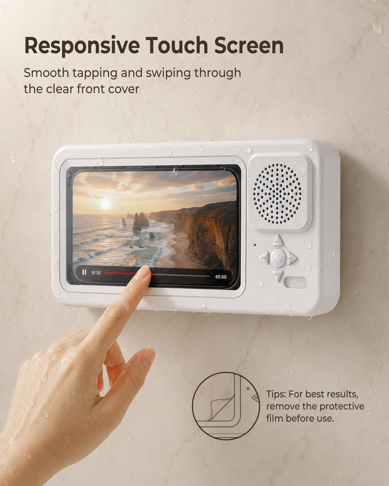 Shower Phone Holder Waterproof with Wireless Bluetooth Speaker | IP67, Anti-Fog HD Touch Screen, Bathroom Wall Mount Phone Case, 360° Rotating, Hands-Free Calls, Fits 4.7-7" Phones White