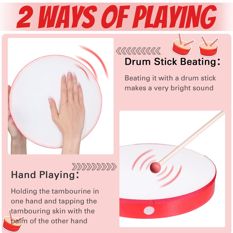 4 Pcs Kids Hand Drum Adults Wood Frame Drum Set with Drum Stick 12 Inch 10 Inch 8 Inch 6 Inch Percussion Musical Instruments for School Kids Adults Beginners Home Party Supplies (Red) Red