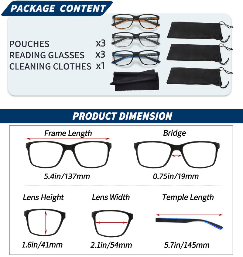 JJWELL 3 Pack Reading Glasses for Men Blue Light Blocking with Spring Hinge, Anti Eyestrain/Dryness/UV Large Wide Square Readers for Men, Two Tone Computer Reader Glasses Eyeglass(1.5 Strength) 3 Mixed Color(blue White Orange) 1.5x