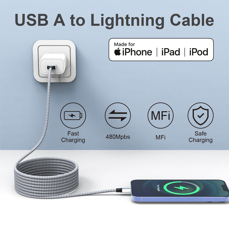 [AUSTRALIA] - Durable iPhone Charger Cord 6FT 3Pack [Apple MFi Certified] Lightning Cable Nylon Braided iPhone Cord Fast Charging iPhone Cable Compatible with iPhone 14/13/12 Pro Max/12Pro/11 Grey&White1 