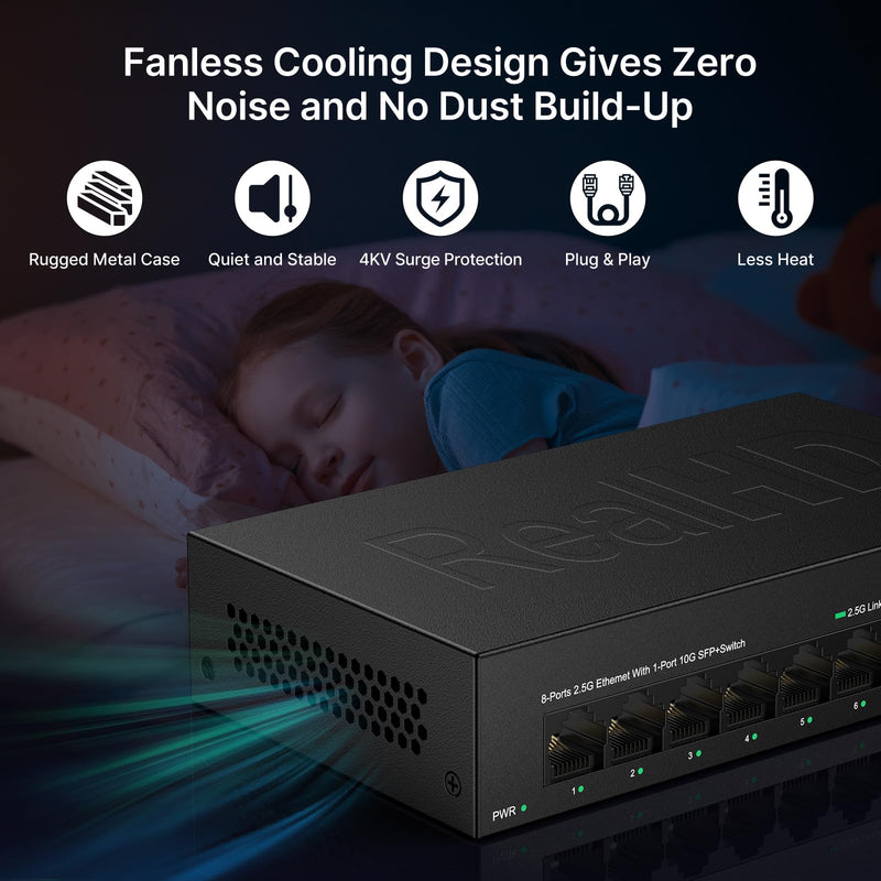 Real HD 8 Port 2.5G Ethernet Switch Unmanaged Network Switch with 8 x 2.5 Gigabit | 1 x 10G SFP+ | Work with 10-100-1000Mbps Devices | 60G Bandwidth | Plug & Play | Fanless Quiet Metal Internet Switch