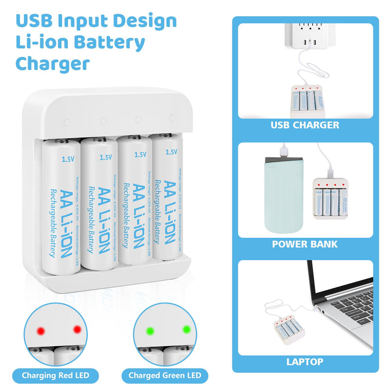 4 Pack Rechargeable 1.5V Lithium AA Batteries with Charger (4-Bay Independent Slot), Long Lasting Double A Size Battery 3600mWh for Blink Camera AA 4 Pack+Charger
