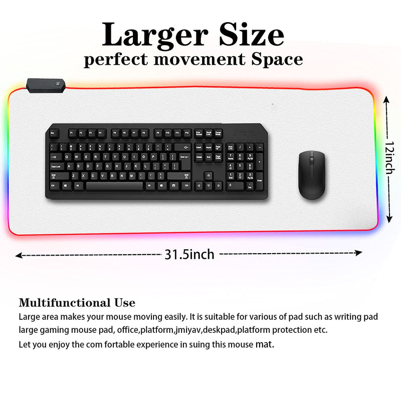 Gaming Mouse Pad White RGB Mousepad Non-Slip Rubber Base Extra Large Cool XL XXL Computer Desk Pad Gaming Accessories LED Light Up jmiyav Extended Big Keyboard and Mouse Pad for Gamer (31.5x12In) gloss white -I