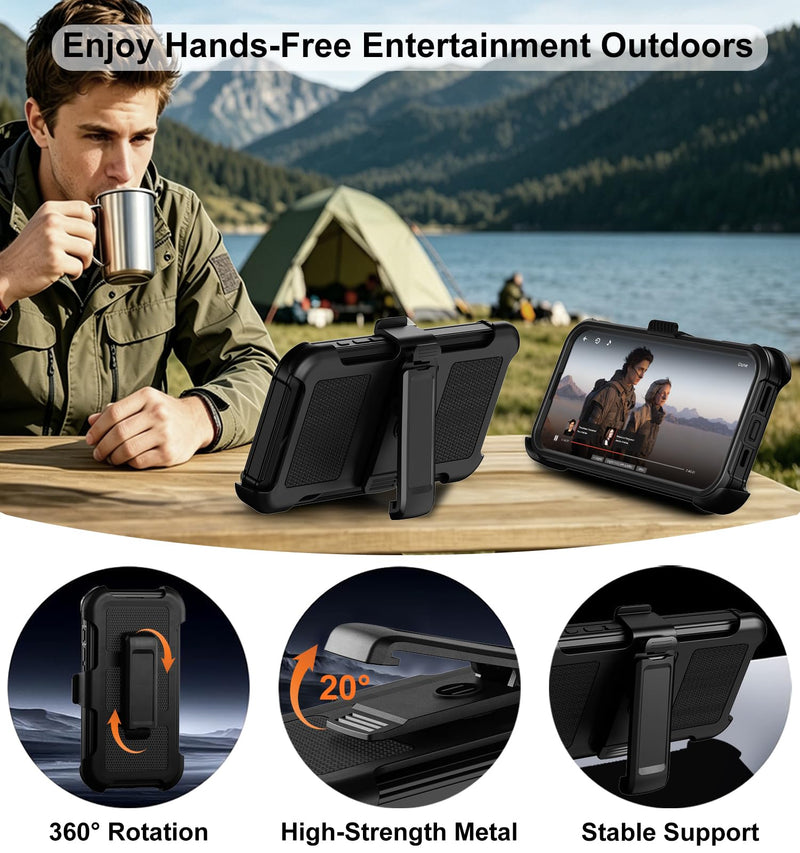 for iPhone 16 Pro Max Case with Belt Clip Holster Screen Protectors | Heavy Duty Military Grade Shockproof Protection Anti-Drop Rugged Kickstand Black