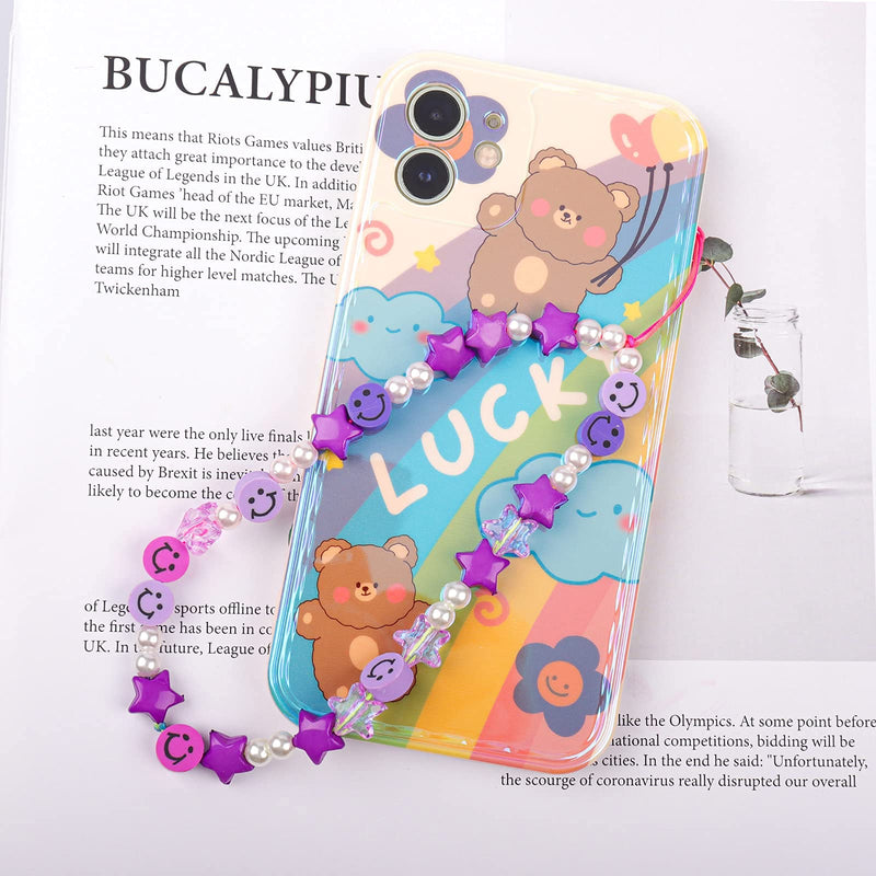 Phone Charm Lanyard, 1Pcs Smiley Face Beaded Phone Charm Strap Colorful Star Smiley Soft Ceramic Keychain for Women Girls Purple