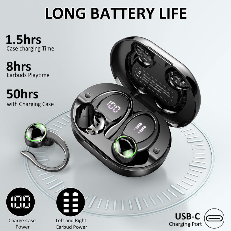 Wireless Earbuds Sports, Bluetooth 5.4 Headphones Hifi Stereo, IP7 Waterproof, Over Ear Buds with 50H Playback, Earhooks Design, ENC Noise Cancelling Mic, Fitness Headset for Gym Running Workout Dark Black