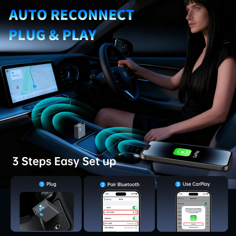 Wireless CarPlay Adapter for iPhone 2026 Upgrade USB A/USB-C | Fast Auto-Reconnect, Plug & Play, Convert Wired to Wireless CarPlay, Compatible with Cars 2016+, iOS 10+ Grey
