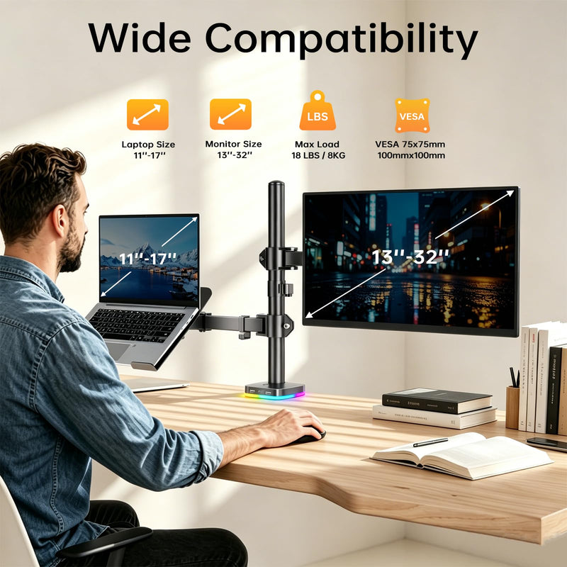 Afaloona RGB Monitor & Laptop Stand with USB Hub, Charging & Data Transfer | Fits 13-32" monitors and 11-17" laptops with a removable tray that converts to a dual monitor mount, up to 18 lb per arm RGB Laptop & Monitor Stand