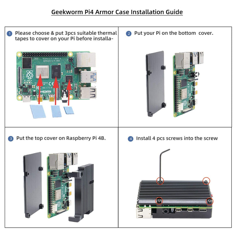 [AUSTRALIA] - Geekworm Raspberry Pi 4 Model B Armor Heatsink Fall/Raspberry Pi 4B Aluminium Alloy Passive Cooling Case with Dual Cooling Fan for Raspberry Pi 4 Model B Only Black 