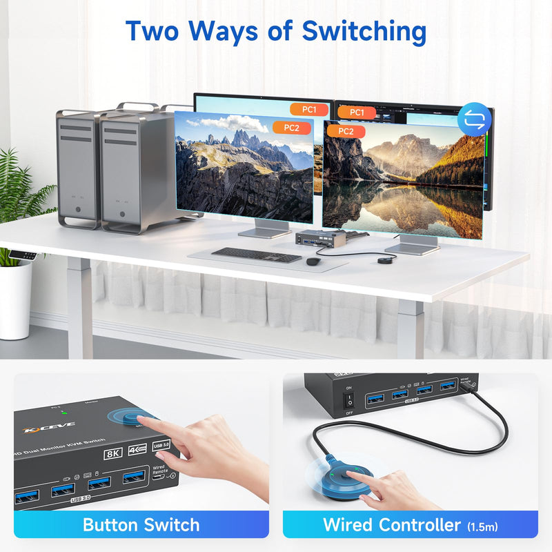 HDMI+2 DisplayPort KVM Switch 3 Monitors 2 Computers 8K@60Hz 4K@144Hz, Triple Monitor KVM Switch with 4 USB3.0 Port for Keyboard Mouse Printer, 1*HDMI+2*DP+2*USB Cables and Wired Controller Included black Dual Monitor KVM Switch 2PC