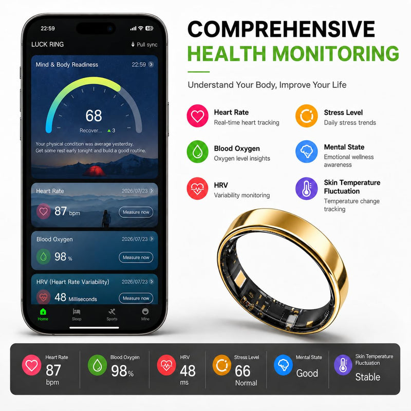 Smart Ring for Women Men, Ultra Thin Health Tracker Ring with Sleep Monitoring, Fitness Tracking, Heart Rate Sensor, Waterproof Wearable, No Subscription Fee, iOS & Android Compatible（Gold 11） Gold