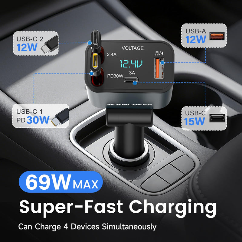 SEANCHEER Car Bluetooth Adapter & Car Charger USB C, 69W Cigarette Lighter Adapter with 2 Retractable Cables, FM Transmitter Bluetooth 5.3 for Handsfree Call, MP3 Player [Gray[USB-C+USB-C]] Gray[USB-C+USB-C]