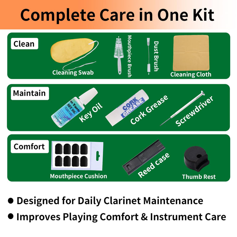 [AUSTRALIA] - Clarinet Cleaning Kit 10-in-1, Clarinet Care Maintenance Set with Key Oil, Cork Grease, Lint-Free Microfiber Swab, Mouthpiece Brush, Woodwind Accessories for Students and Beginners 
