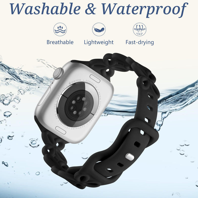 DaQin Slim Silicone Band for Apple Watch Bands for Women 40mm 38mm 41mm 42mm 44mm 45mm 49mm, Cute Thin Braided Floral Hollow-out Breathable Strap for iWatch Series 11 10 9 8 7 6 5 4 3 2 1 SE Ultra Black 38mm/40mm/41mm/42mm(series 11 10)