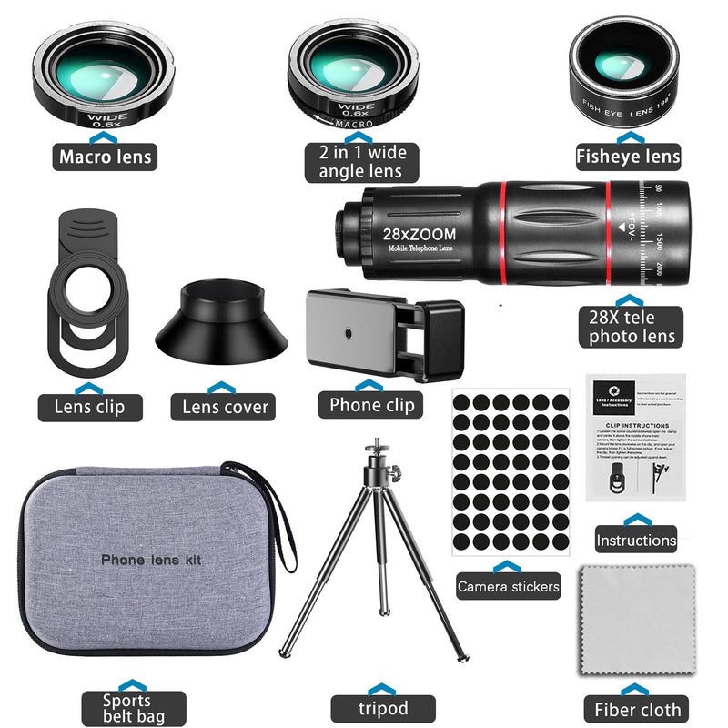[AUSTRALIA] - Phone Camera Lens Kit Upgraded Version Telephoto 28X Wide Angle 0.6X Macro 20X Fisheye 198° for Most Smartphones (Black) fisheye lens 