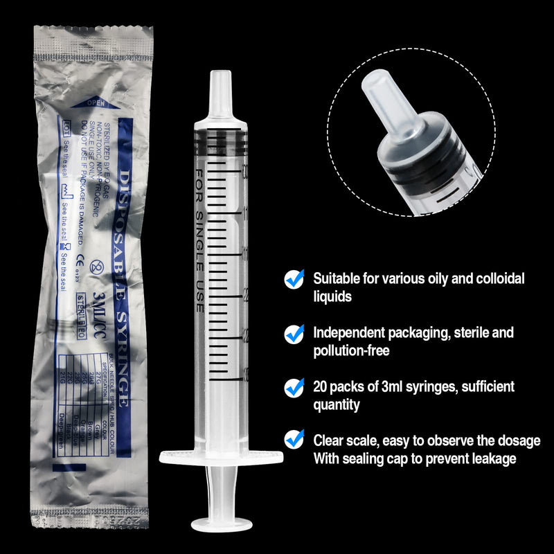 Pack of 20 3 ml Syringe Plastic Syringes with Lid Sterile Colostrum Syringe Set without Needle for Feeding, Liquid Syringe for Glue, Ink, Motor Oil, Newborn Animal Feeding Lab