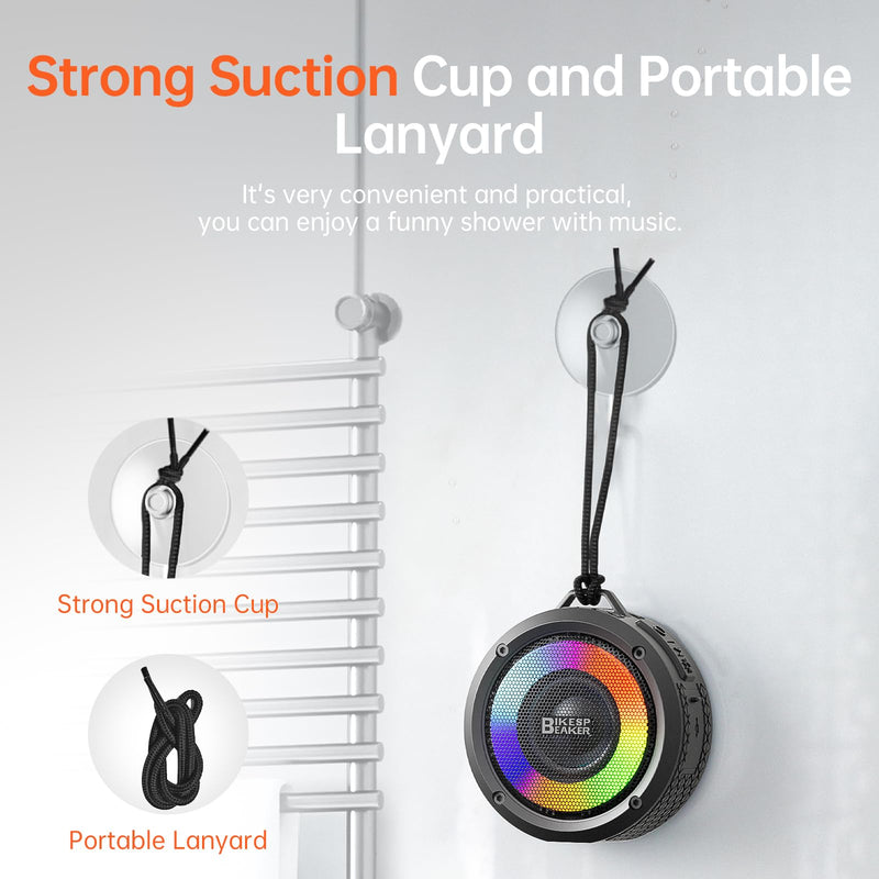 [AUSTRALIA] - Bluetooth Shower Speaker with Light, Enhanced bass, Upgraded Portable Shower Speakers, Dual bass Driver, 12H Playtime, Suction Cup, Lanyard, Hands-Free Function for Bathroom Beach Party Deep Black 