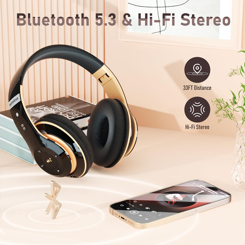 Bluetooth Headphones Over Ear, 6S Wireless Headphones Wired with 6 EQ Modes, 40 Hours Playtime Foldable HiFi Stereo Headset with Microphone, FM/TF for Cellphone/PC/Work (Black & Gold) Black & Gold