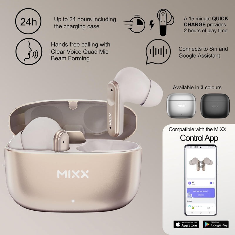 MIXX StreamBuds Custom 3 True Wireless Earbuds with Charging Case – 24hr Playtime, Quick Charge, App Control, Clear Voice Quad Mic, Noise Isolation – Bluetooth 5.3, Zinc Alloy Case - Champagne