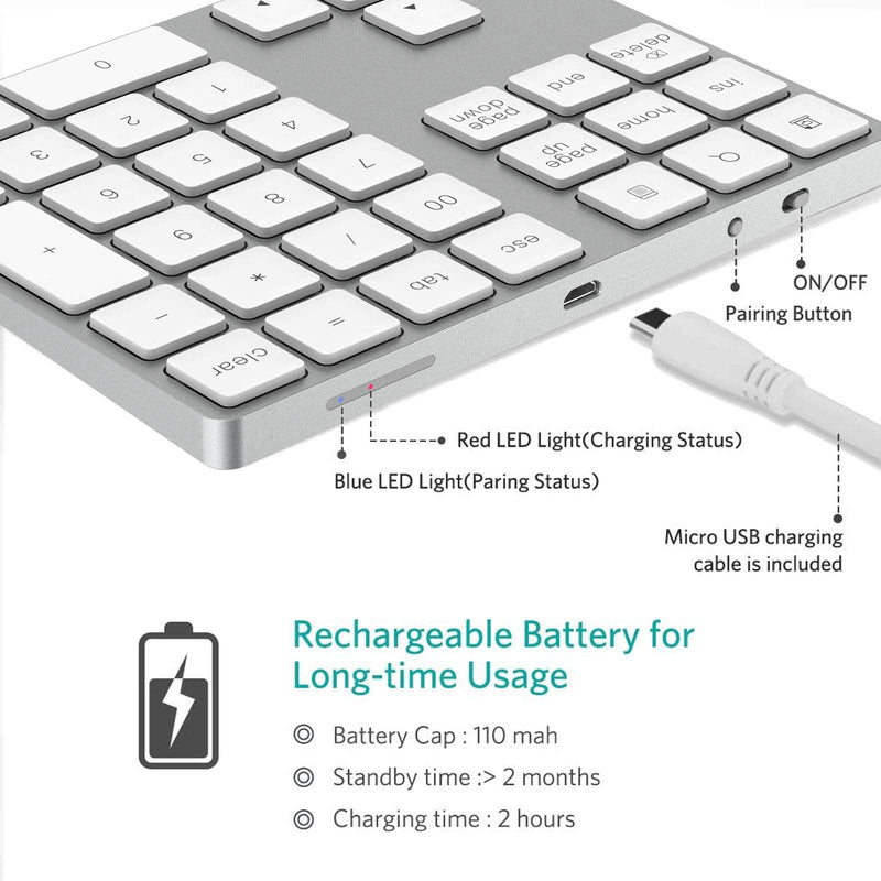 Bluetooth Numeric Keypad, Rechargeable Aluminum 34-Key Number Pad Slim External Numpad Keyboard Data Entry Compatible for MacBook, MacBook Air/Pro, iMac Windows Laptop Surface Pro etc Silver