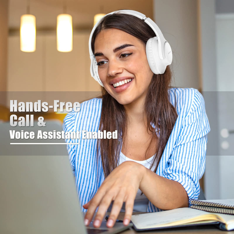 KVIDIO Bluetooth Headphones Over Ear, 65 Hours Playtime Wireless Headphones with Microphone, Foldable Lightweight Headset with Deep Bass, HiFi Stereo Sound Low Latency for Laptop PC Cellphone White