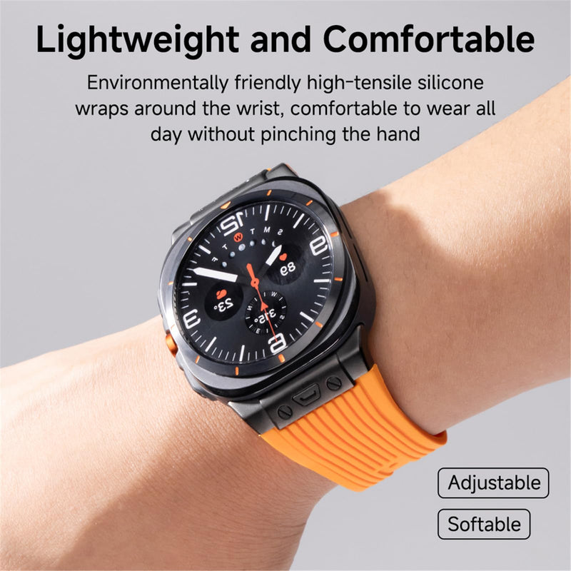 Silicone Bands for Samsung Galaxy Watch Ultra 47mm Band, Rugged Luxury Sport Strap for Men, with Metal Connectors & Foldable Buckle & Pin Buckle (Starlight Orange)
