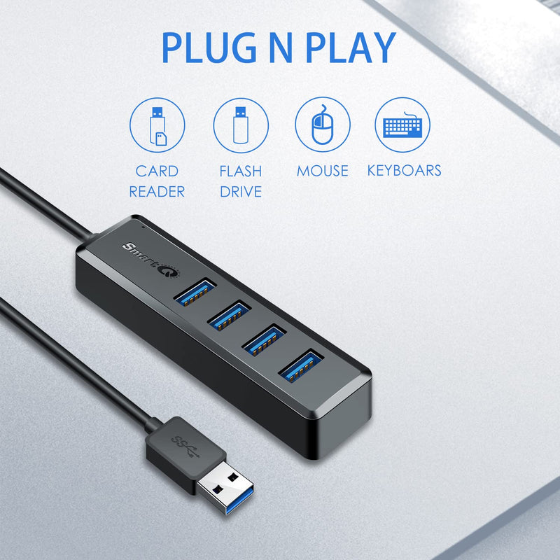 SmartQ H302S USB 3.0 Hub for Laptop with 2ft Long Cable, Multi USB Port Expander , Fast Data Transfer USB Splitter for Laptop, Compatible with Windows PC, Mac, Printer, Mobile HDD Slim USB 3.0 - 2 ft