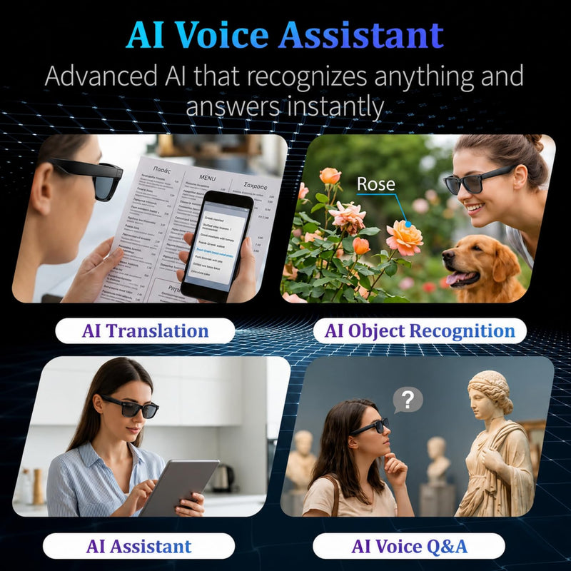 AI Smart Glasses with 8MP HD Camera, AI Translation, Bluetooth 5.3 | 1200P Video Recording with EIS, 139+ Languages Translation, Photochromic Lenses, Object Recognition, Open-Ear Bluetooth Audio Black