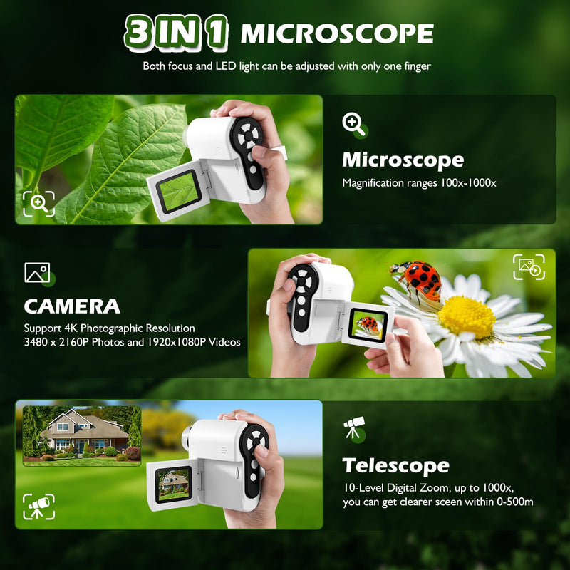 Pocket Microscope for Kids, 2'' LCD Screen 32G 100X-1000X Handheld Microscope with 6 LED Lights, Birthday Gifts for Kids 6 7 8 9 10 11 12 Boys Girls