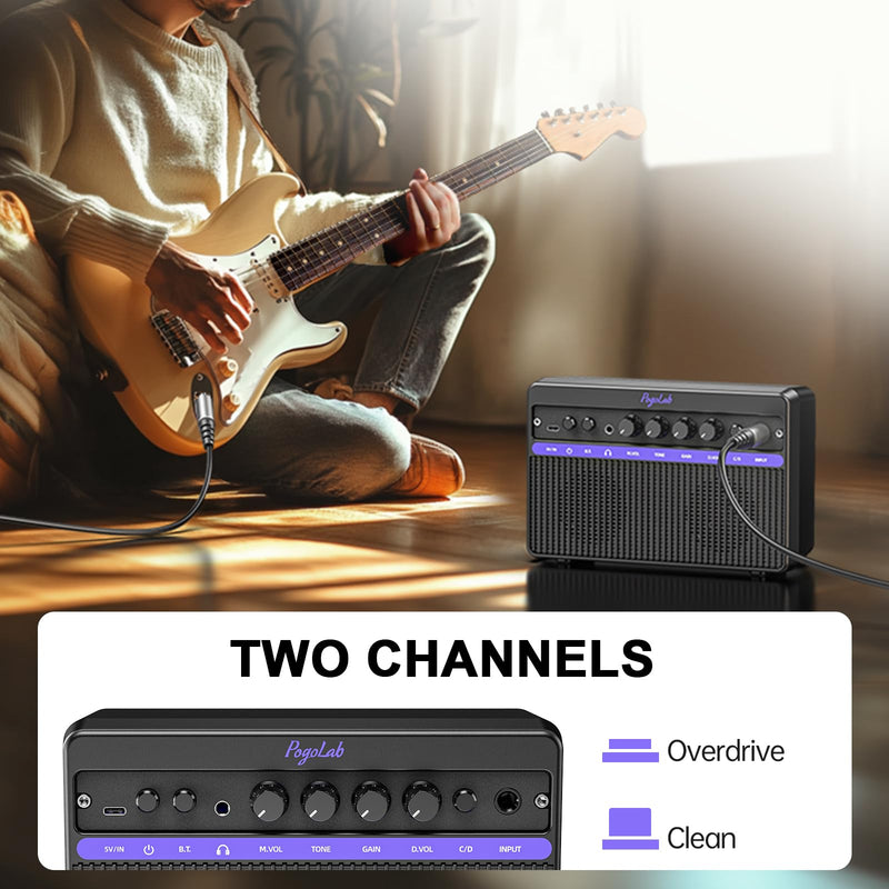 [AUSTRALIA] - Portable Electric Guitar Amplifier, PogoLab Mini 10W Dual Speakers Bluetooth Amp with Rechargeable Battery (5H Play), Clean/Distortion Effects, Headphone Output for Electric Guitar Practice Anywhere Black Purple 